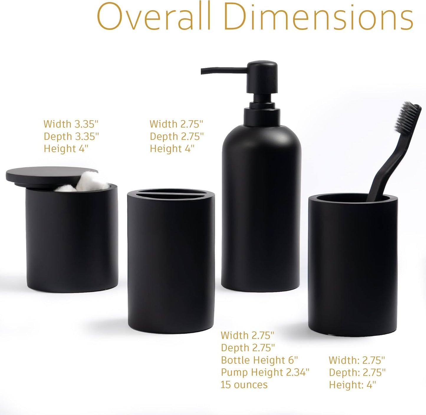 Matte Black 4-Piece Bathroom Accessory Set with Toothbrush Holder, Soap Dispenser, Tumbler, and Cotton Swab Jar - Elegant Vanity Countertop Organizer and Decor