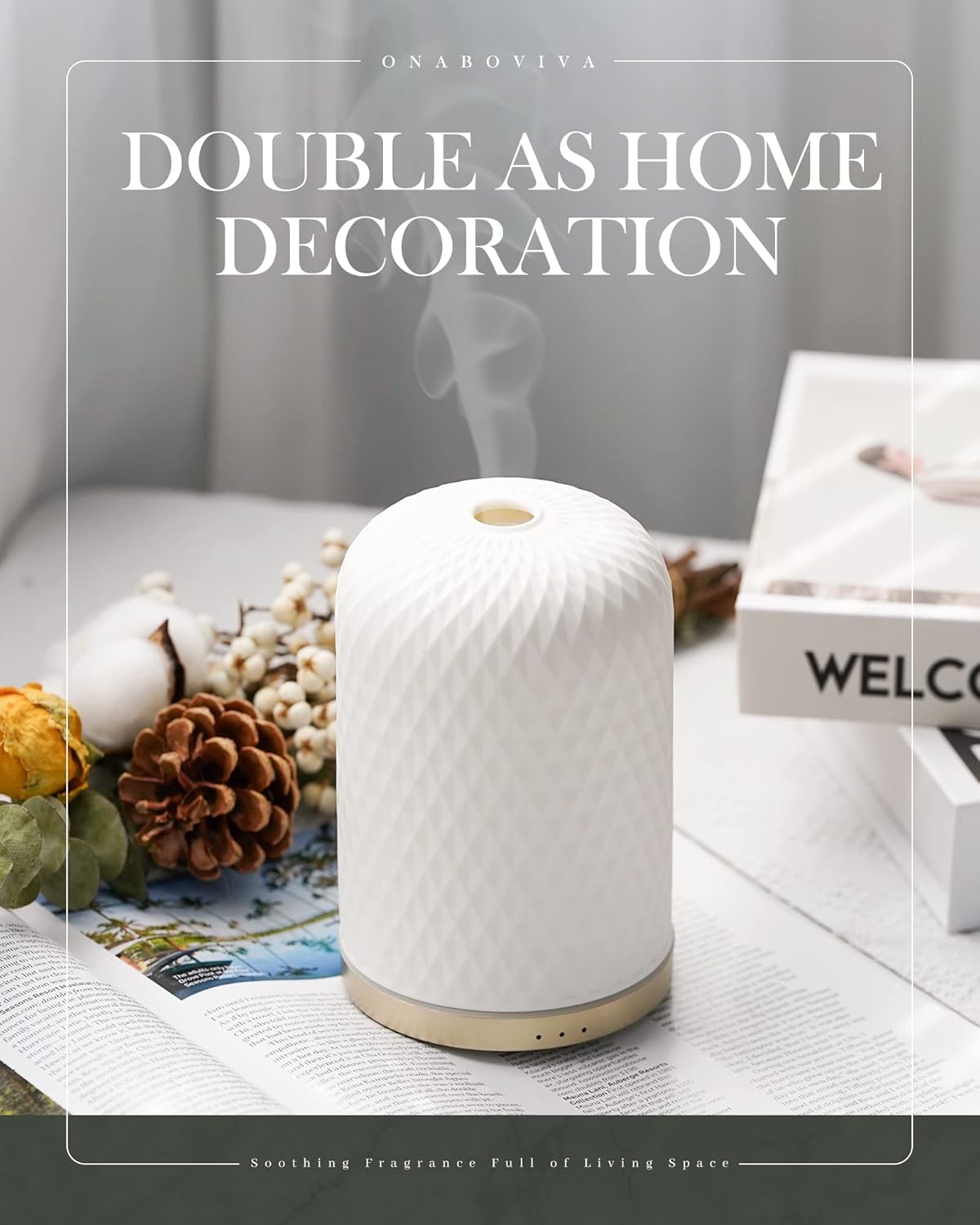 Ultrasonic Ceramic Essential Oil Diffuser - 2.4MHz, 110ml Capacity, 1/2/3 Hour Mist Timer, Silent Operation (≤25dB), Waterless Auto-Off, Aromatherapy Diffuser with USB Cable