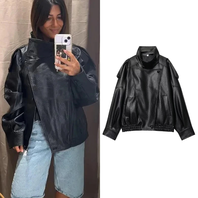 TFMLN Chic Black Faux Leather Jackets Women Long Sleeve Buttons Elastic Oversized Coats Fashion 2025 Autumn Winter Streetwear Mica.Wish_23Business