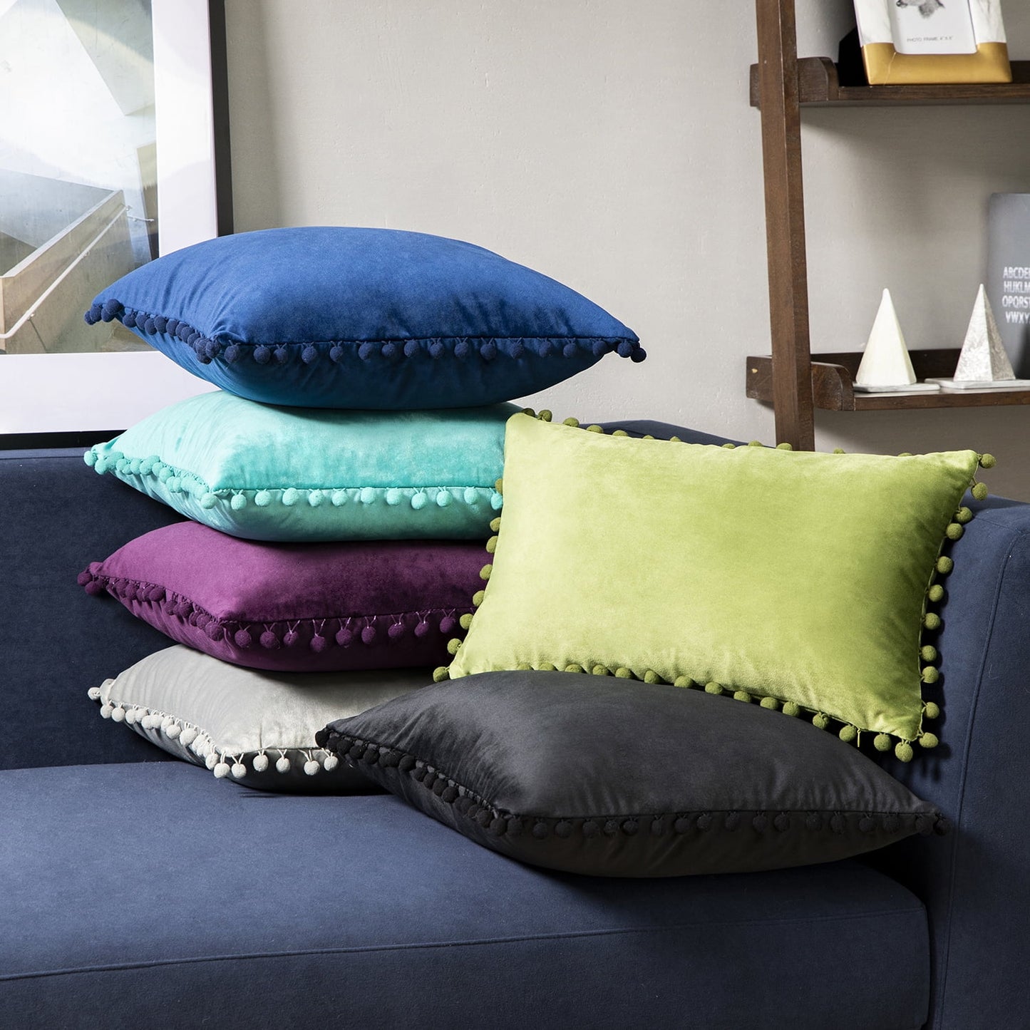 Throw Pillow with Insert,Silky Velvet Series Pom Pom Decorative Pillow, 12" X 20", Gray, 2 Pack