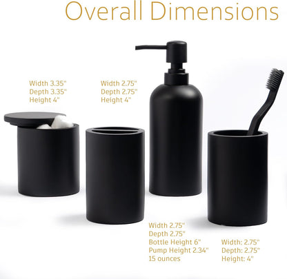 Matte Black 4-Piece Bathroom Accessory Set with Toothbrush Holder, Soap Dispenser, Tumbler, and Cotton Swab Jar - Elegant Vanity Countertop Organizer and Decor