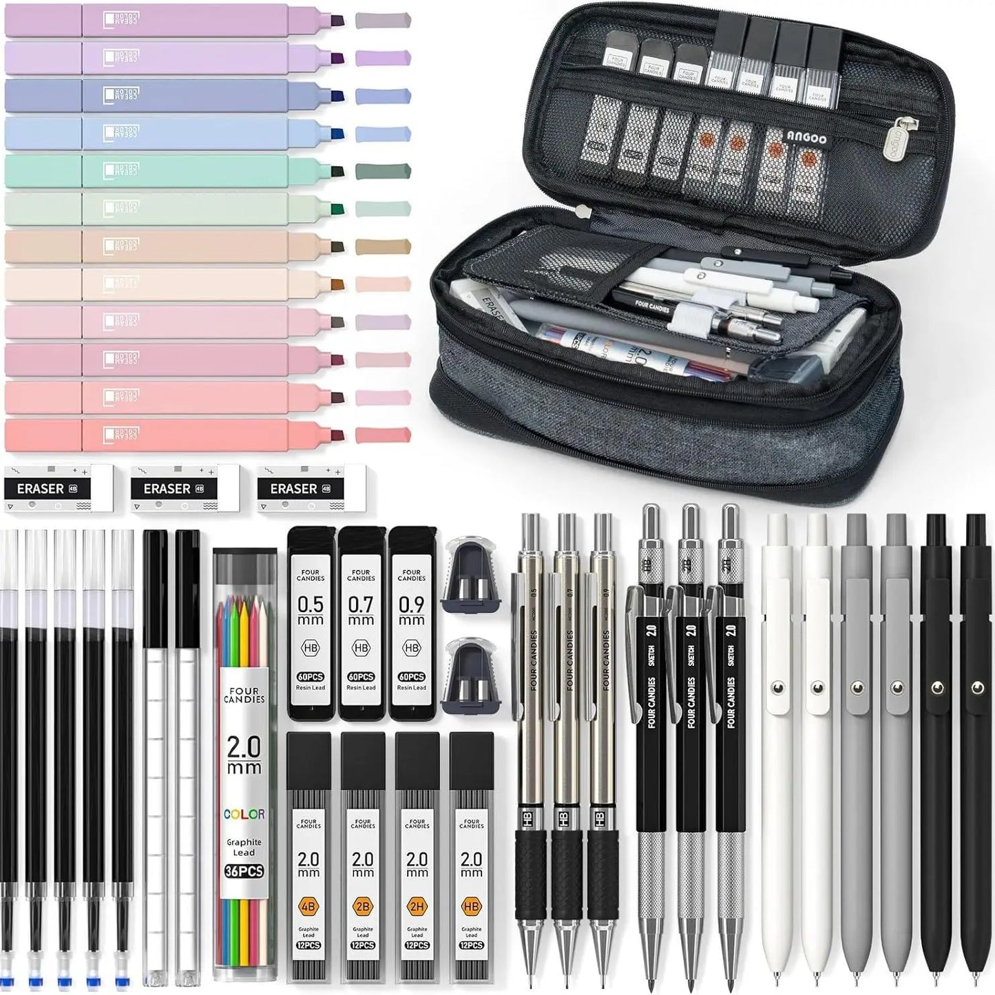 Four Candies 25PCS Art Mechanical Pencil Set with Case, 3PCS Metal Artist Lead Drafting Pencils 0.5, 0.7, 0.9 Mm & 3PCS 2Mm Holder (HB 2H 2B 4B Color) with 432PCS Graphite Lead Refills for Drawing Sketching Office School Supplies,Tiktokshopspringglowup