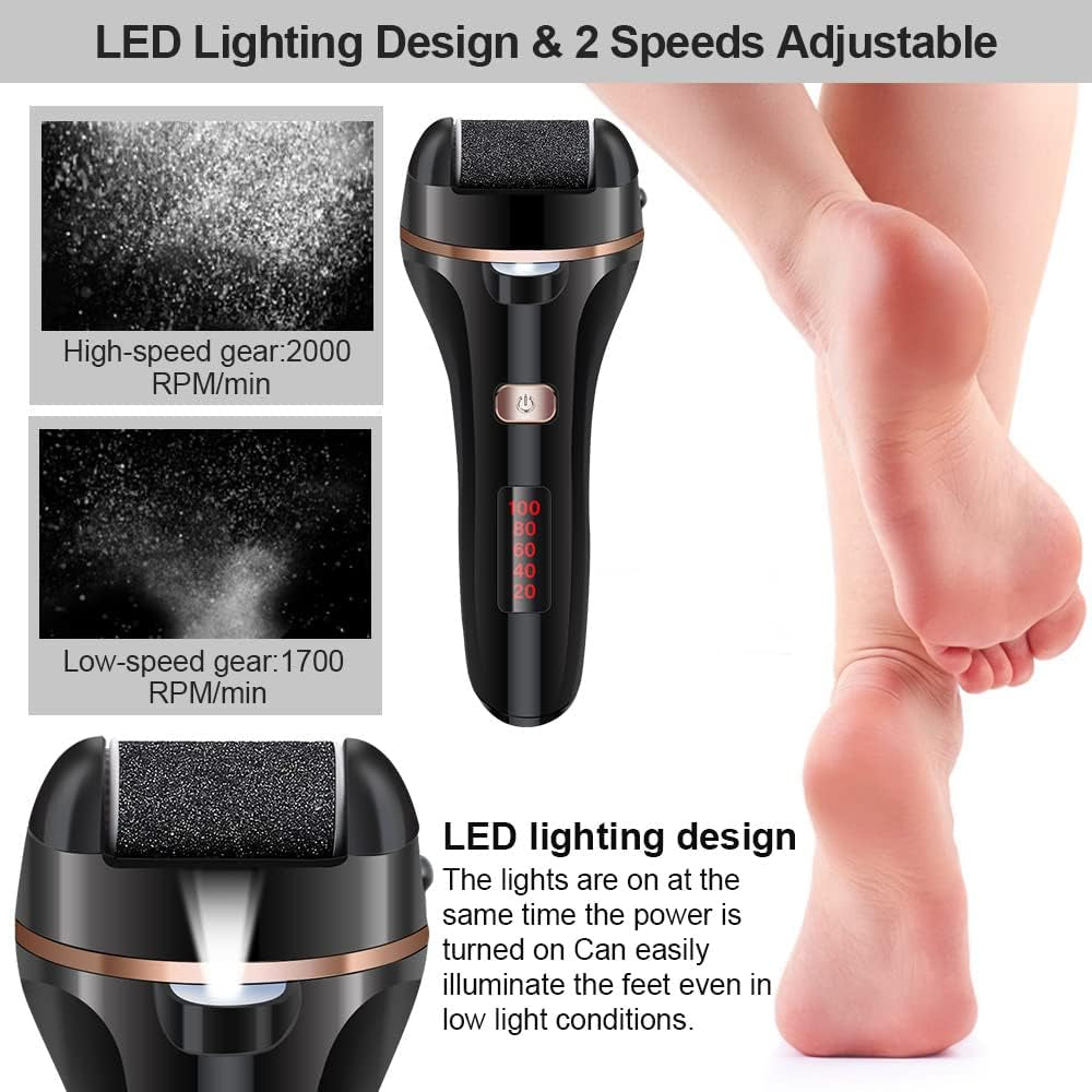 Rechargeable Electric Foot File and Callus Remover Kit with 3 Roller Heads and Dual Speed Settings for Effective Pedicure Care