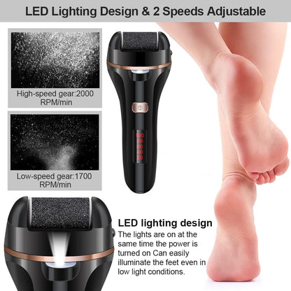 Rechargeable Electric Foot File and Callus Remover Kit with 3 Roller Heads and Dual Speed Settings for Effective Pedicure Care