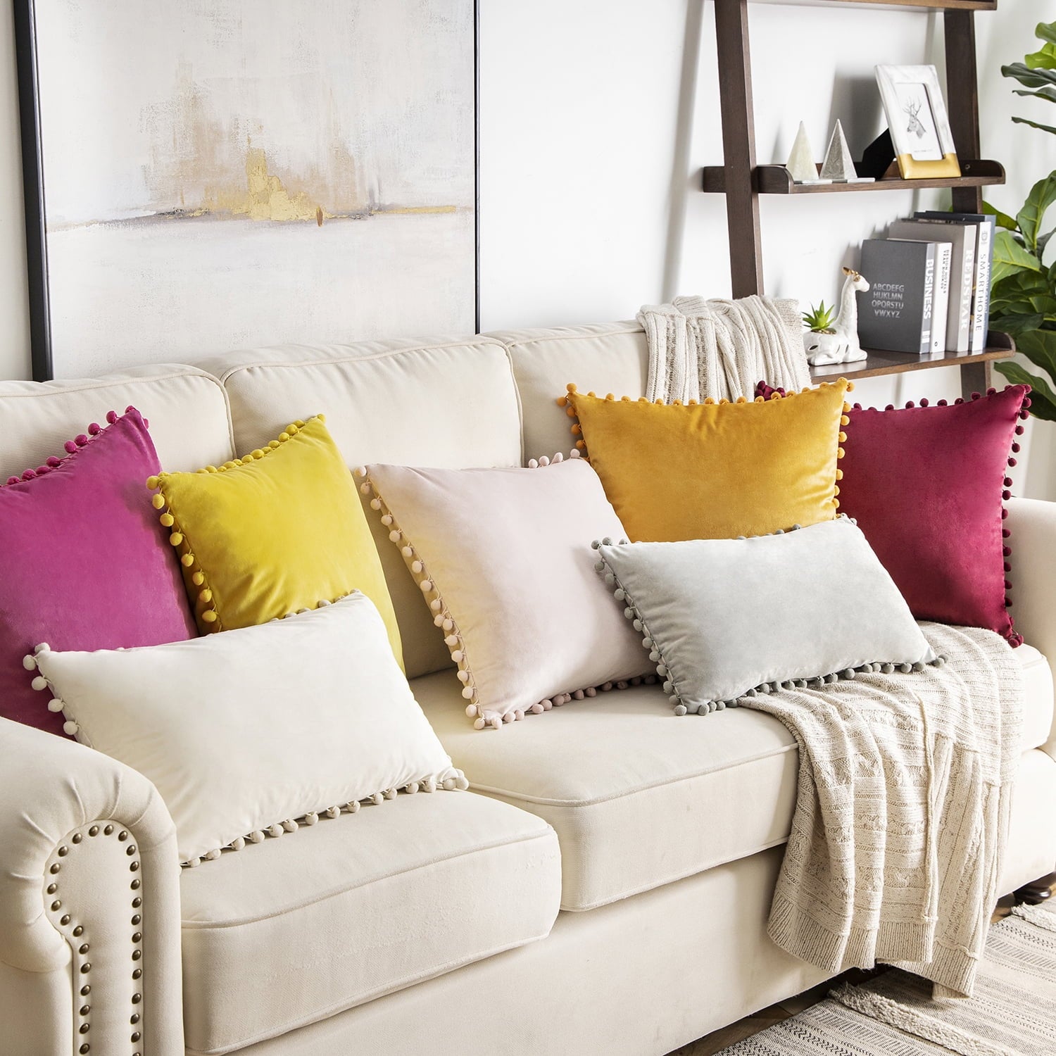 Throw Pillow with Insert，Silky Velvet Series Pom Pom Decorative Pillow, 12" X 20", Gray, 2 Pack
