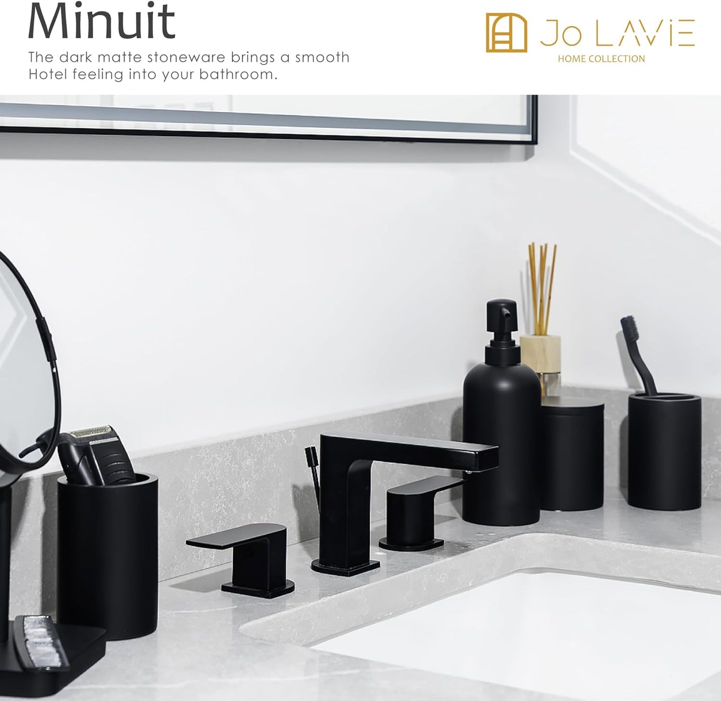 Matte Black 4-Piece Bathroom Accessory Set with Toothbrush Holder, Soap Dispenser, Tumbler, and Cotton Swab Jar - Elegant Vanity Countertop Organizer and Decor