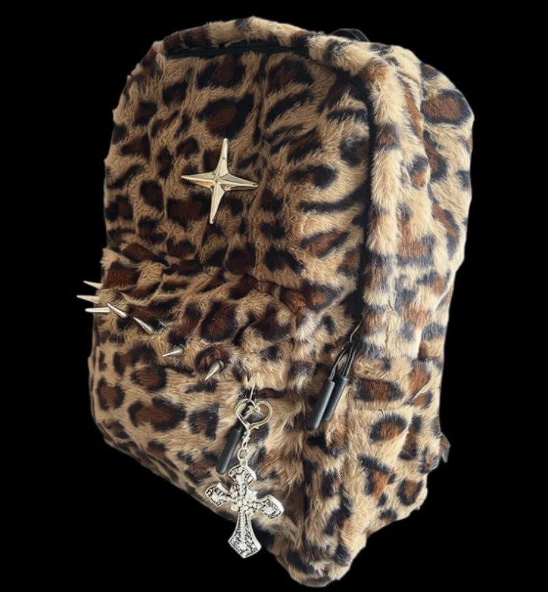 Fur large-capacity Leopard Backpack Stylish Autumn Winter Shoulder Bag for Girl Cute and Cool Designed Backpack Mica.Wish_23Business