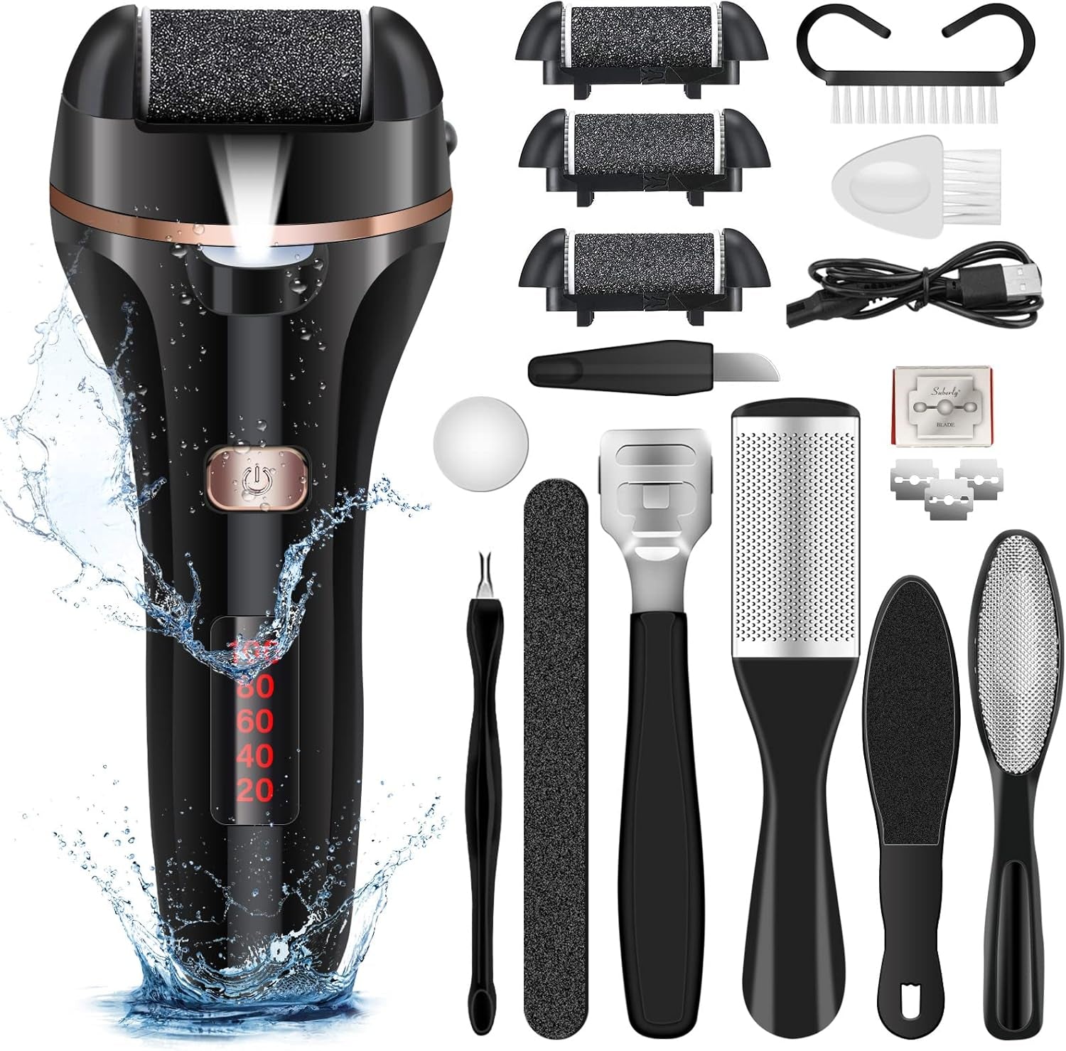 Rechargeable Electric Foot File and Callus Remover Kit with 3 Roller Heads and Dual Speed Settings for Effective Pedicure Care
