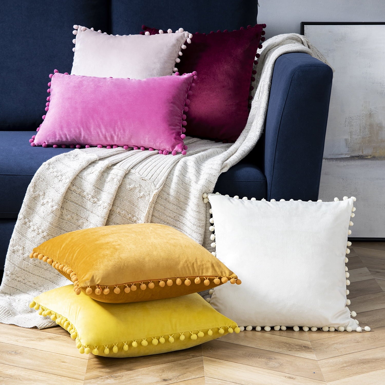 Throw Pillow with Insert，Silky Velvet Series Pom Pom Decorative Pillow, 12" X 20", Gray, 2 Pack