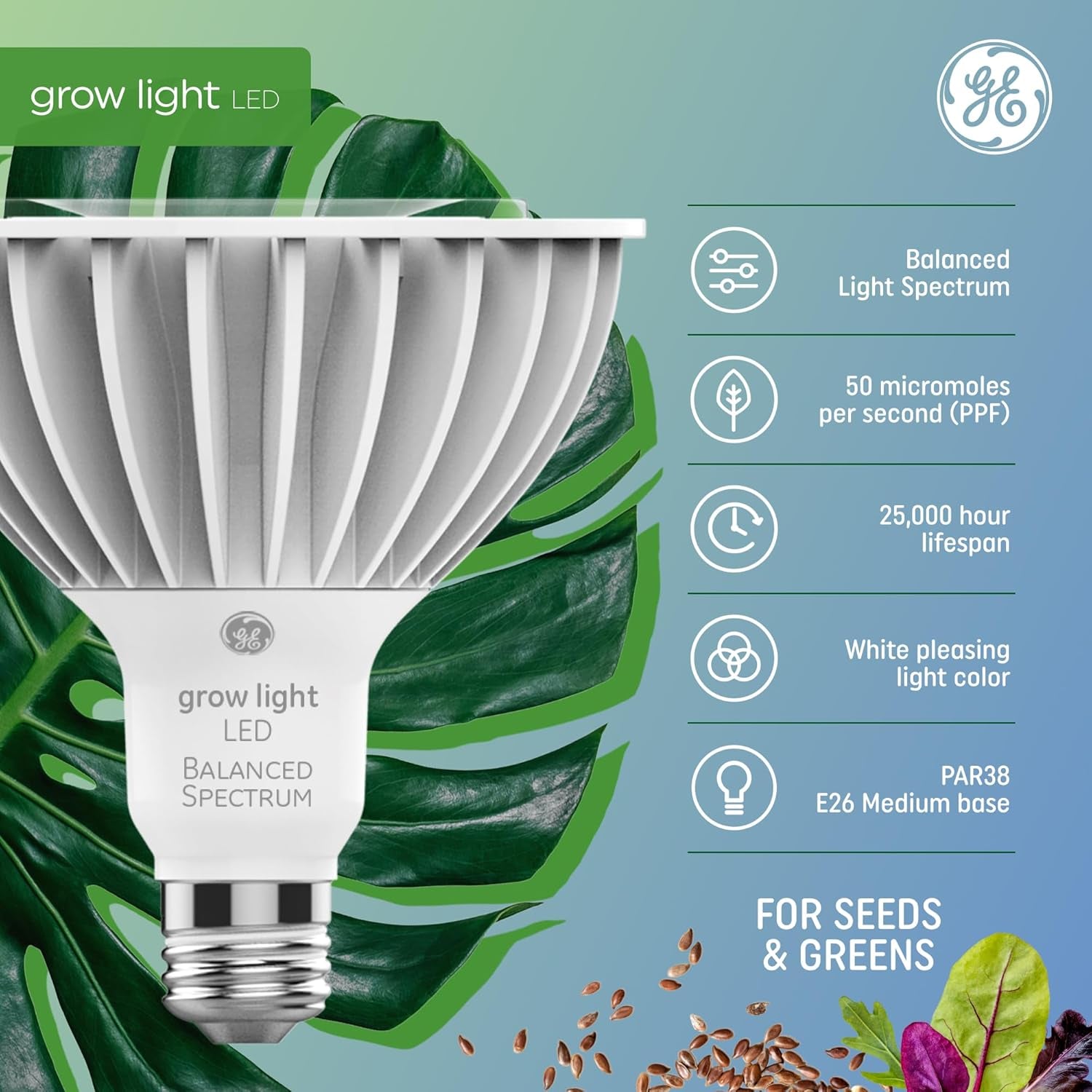 PAR38 LED Grow Light Bulb - Indoor Flood Light for Plants, Seeds, and Greens with Balanced Light Spectrum, 25,000 Hour Lifespan, 50 PPF, Single Pack (Packaging May Vary)