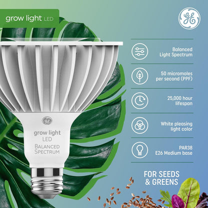 PAR38 LED Grow Light Bulb - Indoor Flood Light for Plants, Seeds, and Greens with Balanced Light Spectrum, 25,000 Hour Lifespan, 50 PPF, Single Pack (Packaging May Vary)