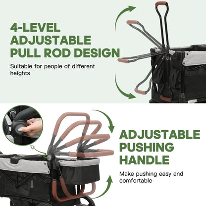 Dripex Stroller Wagon for 2 Kids, All-Terrain Foldable Kids Wagon Stroller with Removable Canopy, Mosquito Net, Snack Tray, Cup Holders & Storage Basket
