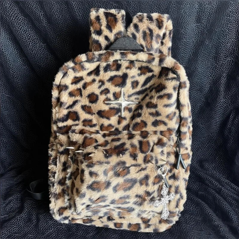 Fur large-capacity Leopard Backpack Stylish Autumn Winter Shoulder Bag for Girl Cute and Cool Designed Backpack Mica.Wish_23Business