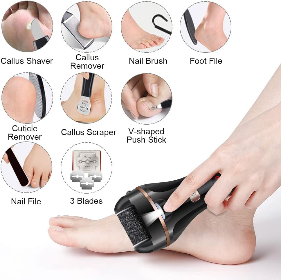 Rechargeable Electric Foot File and Callus Remover Kit with 3 Roller Heads and Dual Speed Settings for Effective Pedicure Care