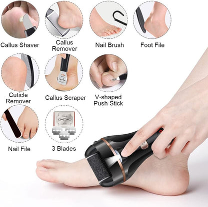 Rechargeable Electric Foot File and Callus Remover Kit with 3 Roller Heads and Dual Speed Settings for Effective Pedicure Care