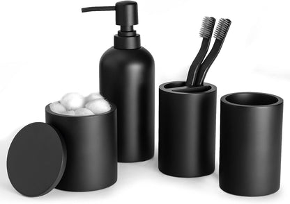 Matte Black 4-Piece Bathroom Accessory Set with Toothbrush Holder, Soap Dispenser, Tumbler, and Cotton Swab Jar - Elegant Vanity Countertop Organizer and Decor