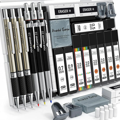 Four Candies 25PCS Art Mechanical Pencil Set with Case, 3PCS Metal Artist Lead Drafting Pencils 0.5, 0.7, 0.9 Mm & 3PCS 2Mm Holder (HB 2H 2B 4B Color) with 432PCS Graphite Lead Refills for Drawing Sketching Office School Supplies,Tiktokshopspringglowup