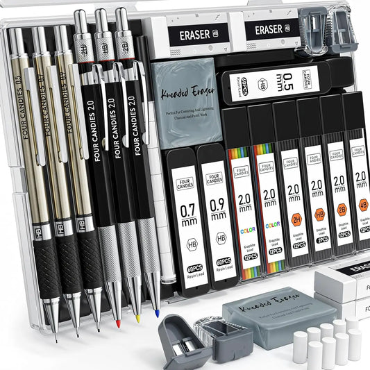 Four Candies 25PCS Art Mechanical Pencil Set with Case, 3PCS Metal Artist Lead Drafting Pencils 0.5, 0.7, 0.9 Mm & 3PCS 2Mm Holder (HB 2H 2B 4B Color) with 432PCS Graphite Lead Refills for Drawing Sketching Office School Supplies,Tiktokshopspringglowup