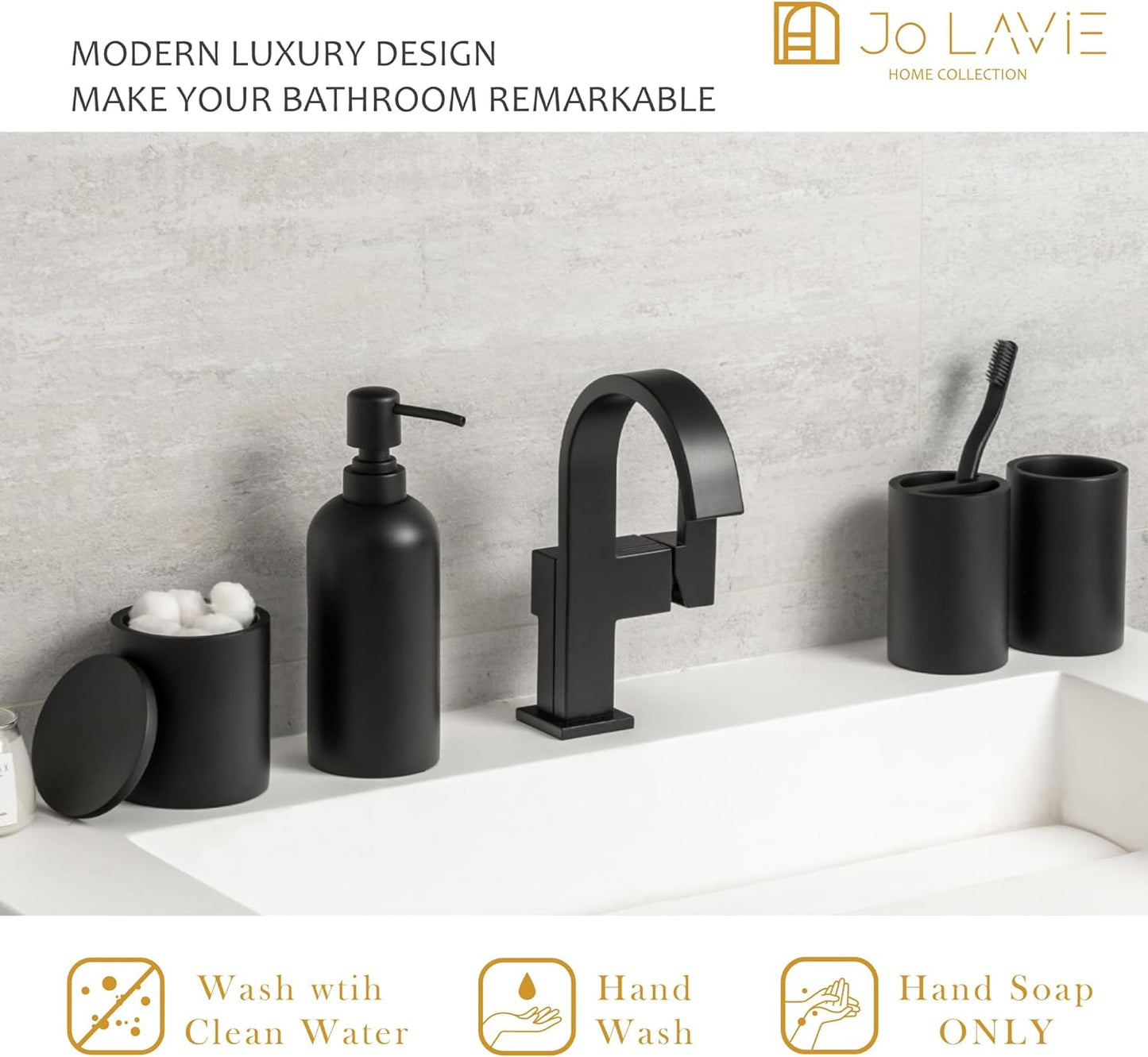 Matte Black 4-Piece Bathroom Accessory Set with Toothbrush Holder, Soap Dispenser, Tumbler, and Cotton Swab Jar - Elegant Vanity Countertop Organizer and Decor