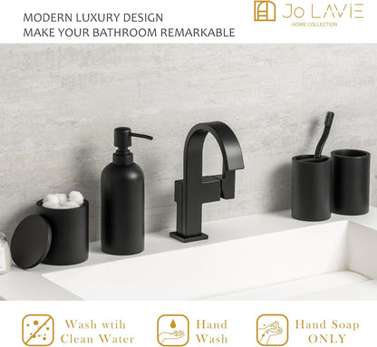 Matte Black 4-Piece Bathroom Accessory Set with Toothbrush Holder, Soap Dispenser, Tumbler, and Cotton Swab Jar - Elegant Vanity Countertop Organizer and Decor