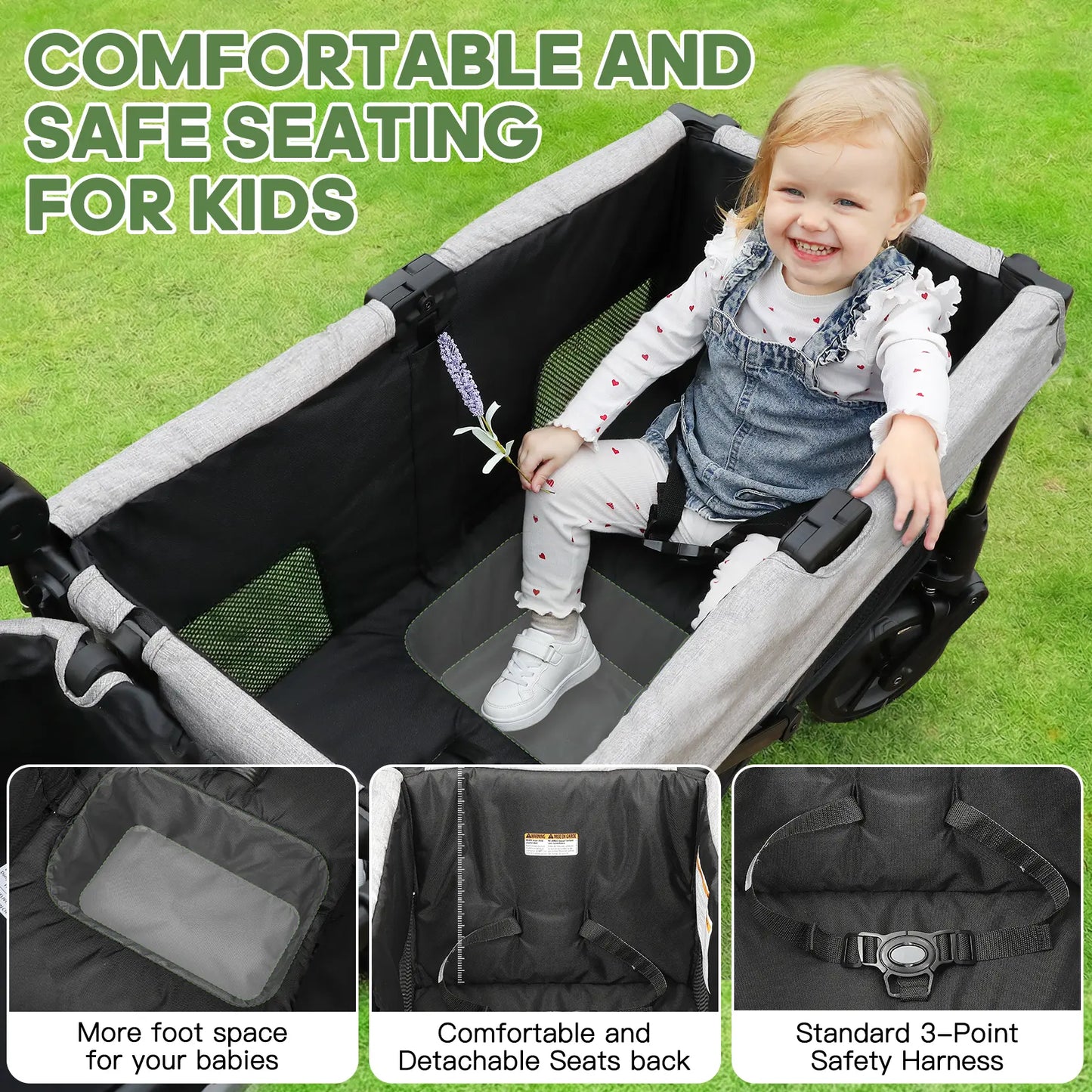 Dripex Stroller Wagon for 2 Kids, All-Terrain Foldable Kids Wagon Stroller with Removable Canopy, Mosquito Net, Snack Tray, Cup Holders & Storage Basket
