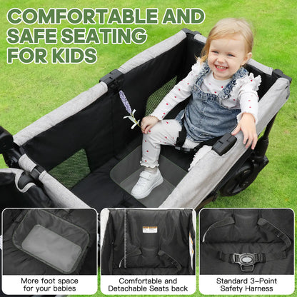 Dripex Stroller Wagon for 2 Kids, All-Terrain Foldable Kids Wagon Stroller with Removable Canopy, Mosquito Net, Snack Tray, Cup Holders & Storage Basket