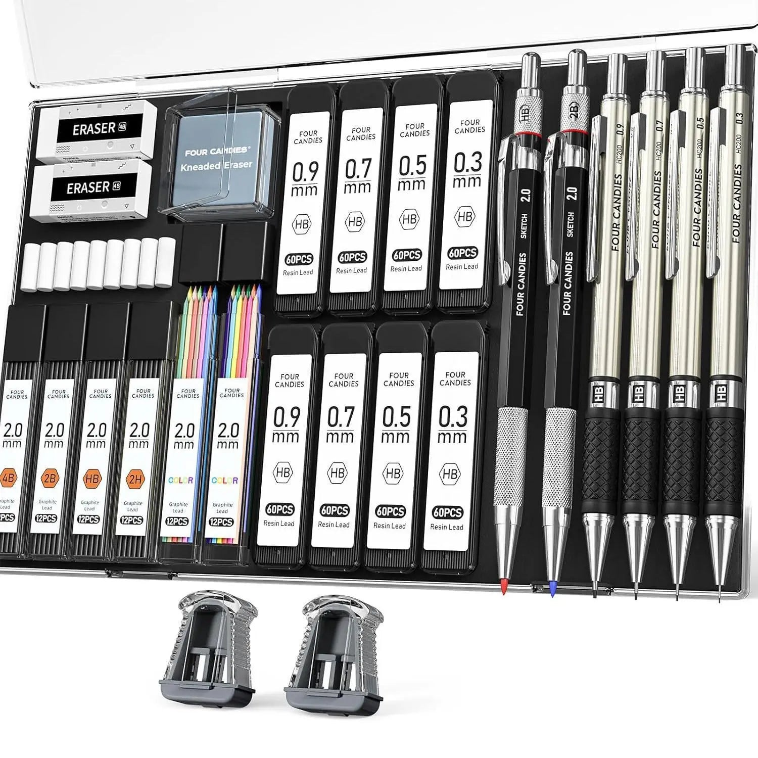 Four Candies 25PCS Art Mechanical Pencil Set with Case, 3PCS Metal Artist Lead Drafting Pencils 0.5, 0.7, 0.9 Mm & 3PCS 2Mm Holder (HB 2H 2B 4B Color) with 432PCS Graphite Lead Refills for Drawing Sketching Office School Supplies,Tiktokshopspringglowup