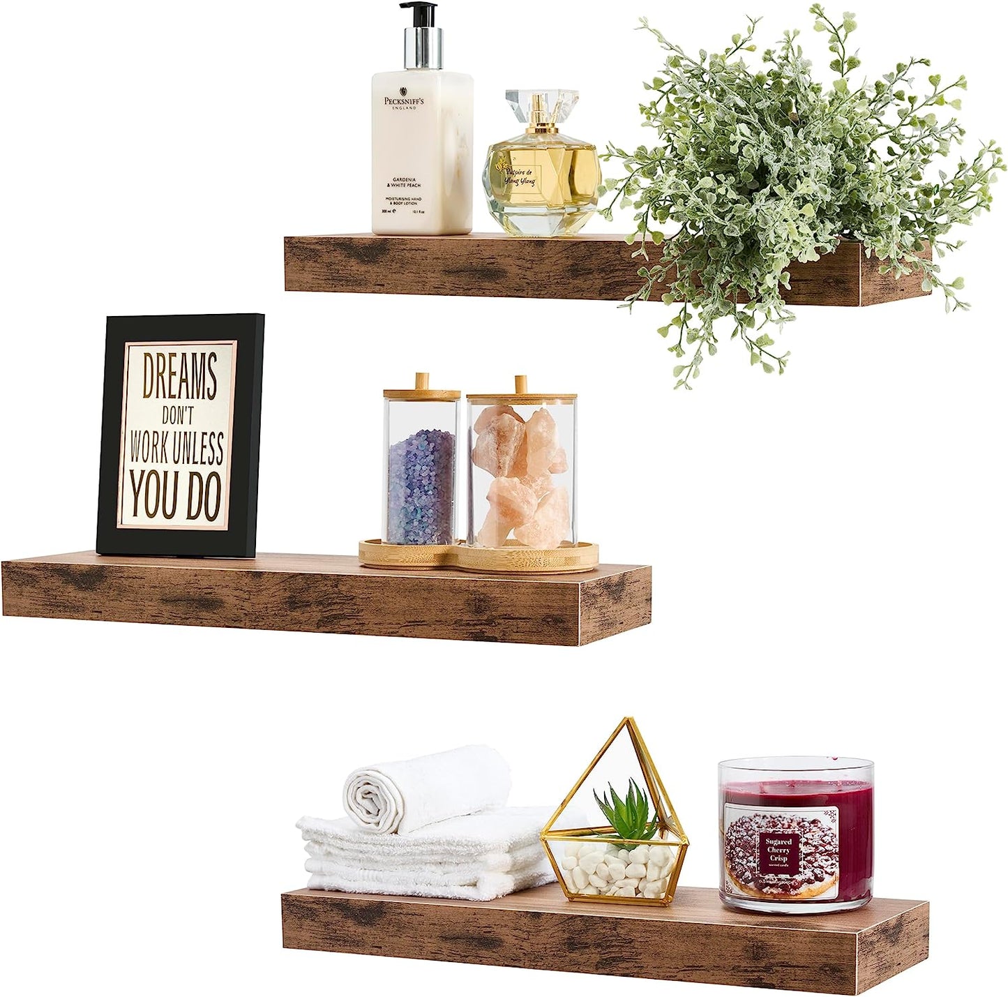 Floating Shelves for Wall – 16 Inch Floating Shelf for Kitchen, Bedroom, Living Room, Bathroom, Home & Wall Decor - Mounted Bathroom Shelves with Invisible Brackets (Mahogany, 3 Pack)