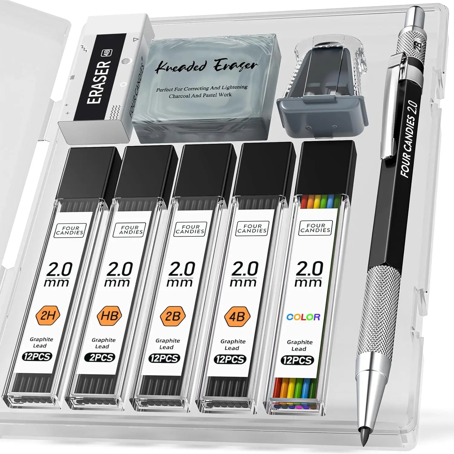 Four Candies 25PCS Art Mechanical Pencil Set with Case, 3PCS Metal Artist Lead Drafting Pencils 0.5, 0.7, 0.9 Mm & 3PCS 2Mm Holder (HB 2H 2B 4B Color) with 432PCS Graphite Lead Refills for Drawing Sketching Office School Supplies,Tiktokshopspringglowup