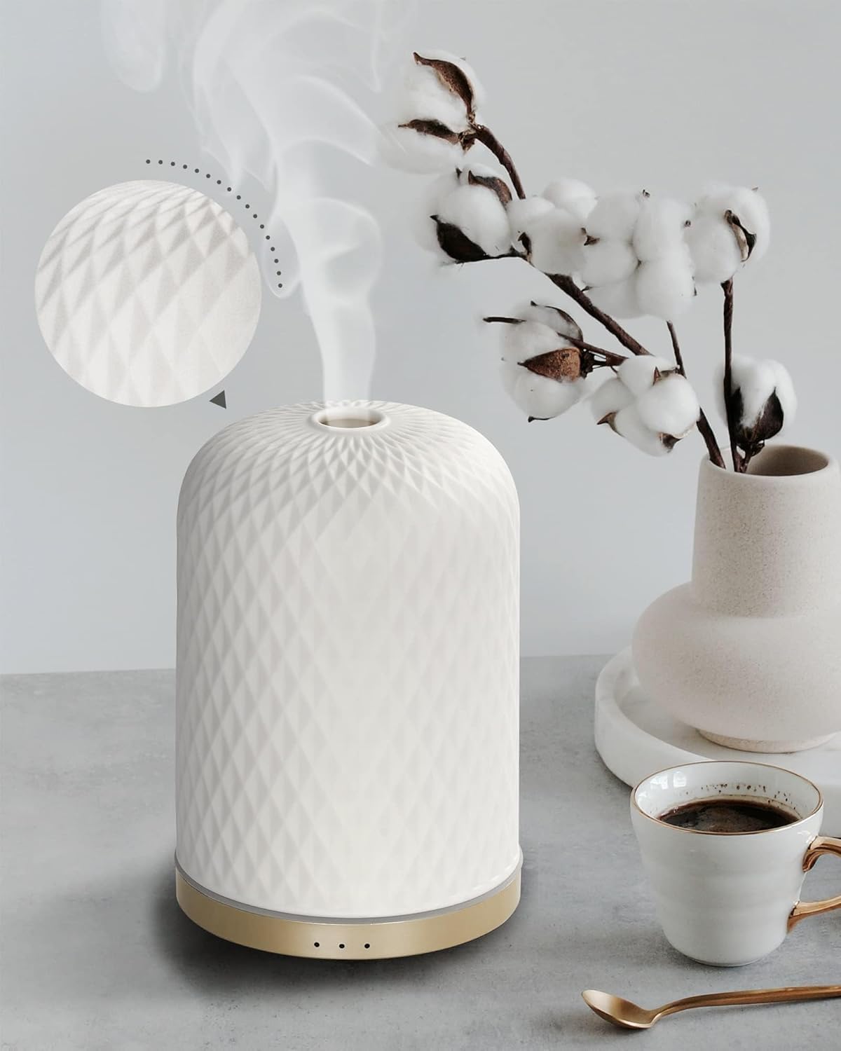 Ultrasonic Ceramic Essential Oil Diffuser - 2.4MHz, 110ml Capacity, 1/2/3 Hour Mist Timer, Silent Operation (≤25dB), Waterless Auto-Off, Aromatherapy Diffuser with USB Cable