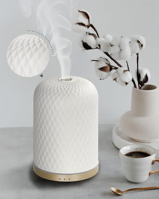 Ultrasonic Ceramic Essential Oil Diffuser - 2.4MHz, 110ml Capacity, 1/2/3 Hour Mist Timer, Silent Operation (≤25dB), Waterless Auto-Off, Aromatherapy Diffuser with USB Cable
