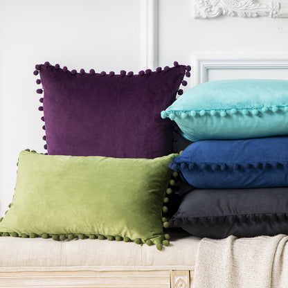 Throw Pillow with Insert，Silky Velvet Series Pom Pom Decorative Pillow, 12" X 20", Gray, 2 Pack