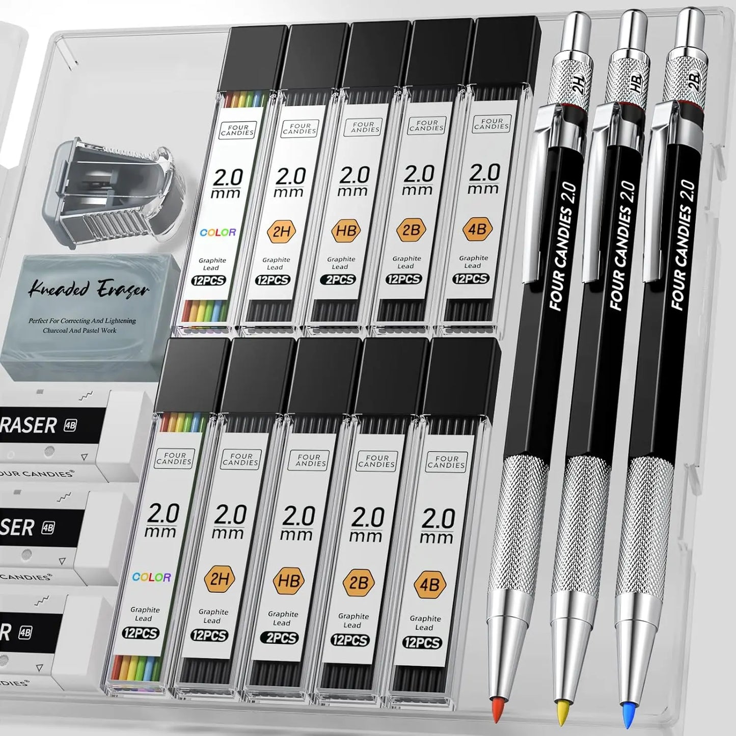 Four Candies 25PCS Art Mechanical Pencil Set with Case, 3PCS Metal Artist Lead Drafting Pencils 0.5, 0.7, 0.9 Mm & 3PCS 2Mm Holder (HB 2H 2B 4B Color) with 432PCS Graphite Lead Refills for Drawing Sketching Office School Supplies,Tiktokshopspringglowup
