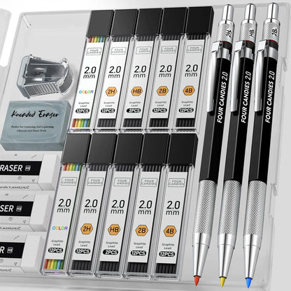 Four Candies 25PCS Art Mechanical Pencil Set with Case, 3PCS Metal Artist Lead Drafting Pencils 0.5, 0.7, 0.9 Mm & 3PCS 2Mm Holder (HB 2H 2B 4B Color) with 432PCS Graphite Lead Refills for Drawing Sketching Office School Supplies,Tiktokshopspringglowup