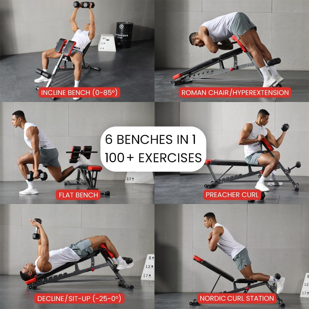 Multi-Functional FID Weight Bench for Comprehensive Full-Body Workouts – Includes Hyper Back Extension, Roman Chair, Adjustable Ab Sit-Up Bench, Incline/Decline Bench, and Flat Bench