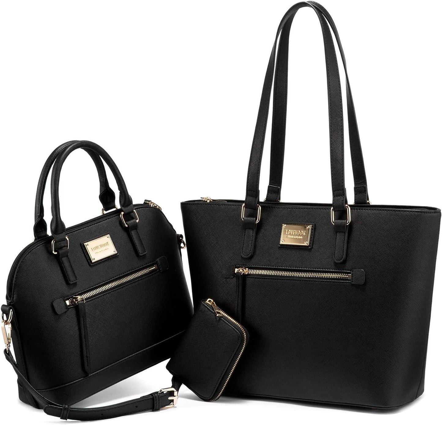 Women's Fashion Tote Bag Set - 3-Piece Shoulder Bag and Satchel Purse (Model A-1514-Black)