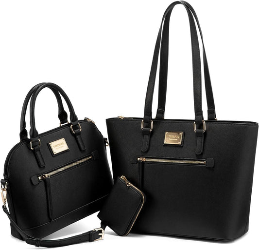 Women's Fashion Tote Bag Set - 3-Piece Shoulder Bag and Satchel Purse (Model A-1514-Black)