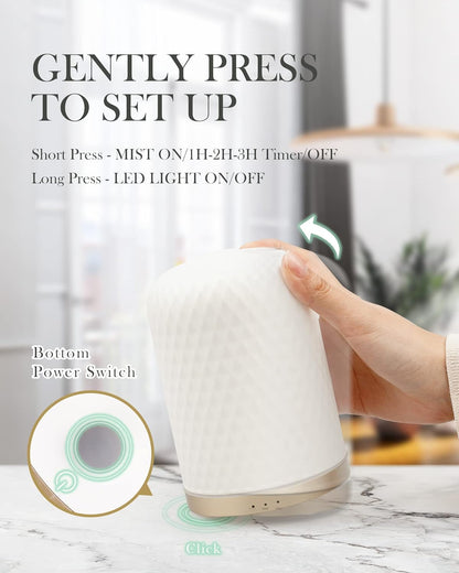 Ultrasonic Ceramic Essential Oil Diffuser - 2.4MHz, 110ml Capacity, 1/2/3 Hour Mist Timer, Silent Operation (≤25dB), Waterless Auto-Off, Aromatherapy Diffuser with USB Cable
