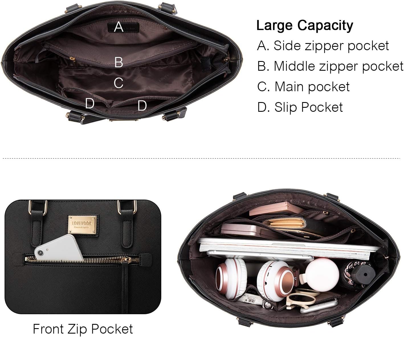 Women's Fashion Tote Bag Set - 3-Piece Shoulder Bag and Satchel Purse (Model A-1514-Black)