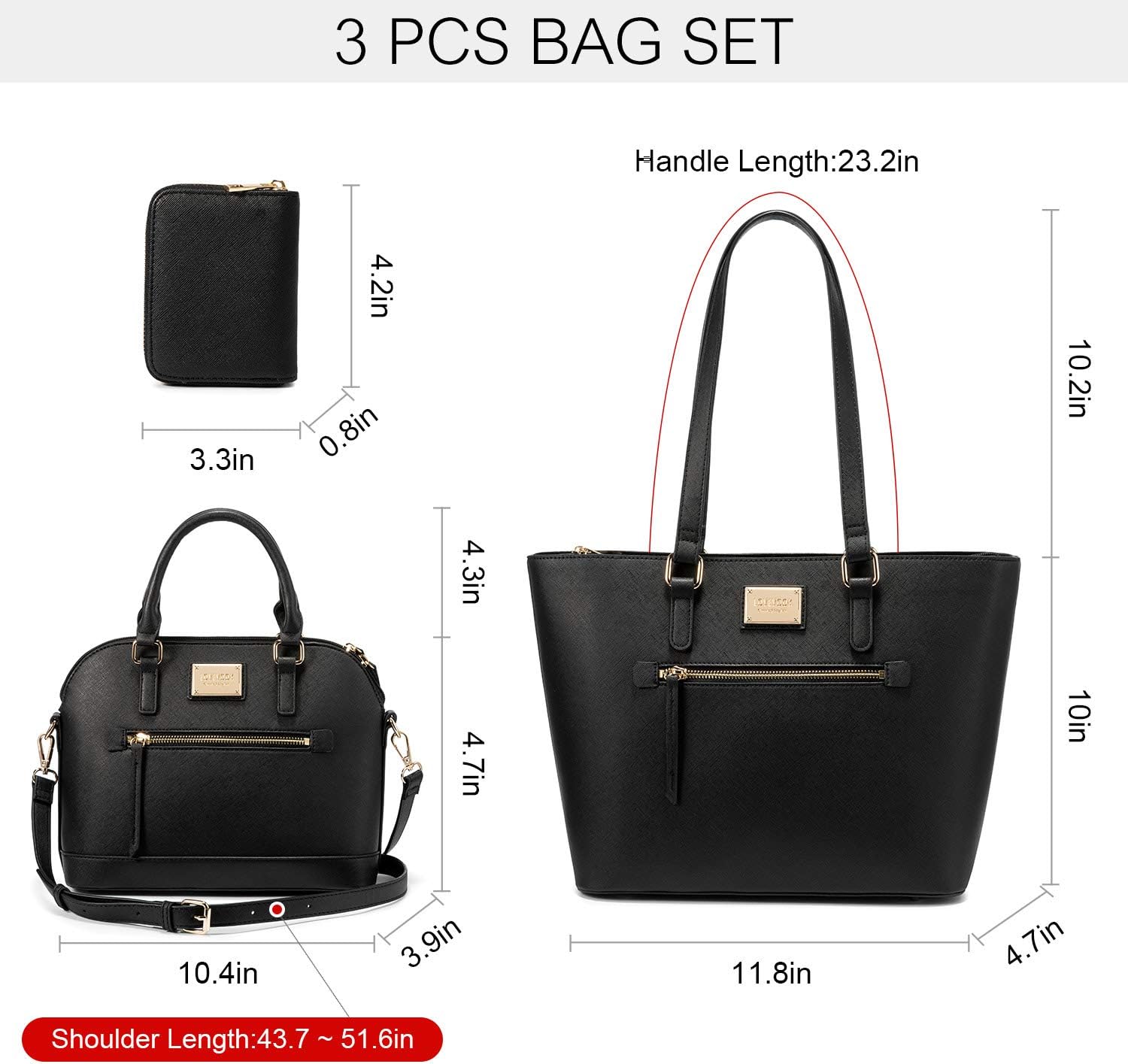 Women's Fashion Tote Bag Set - 3-Piece Shoulder Bag and Satchel Purse (Model A-1514-Black)