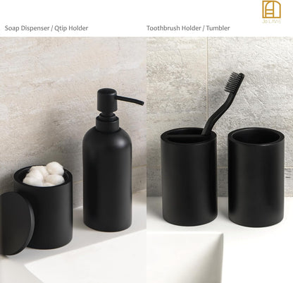 Matte Black 4-Piece Bathroom Accessory Set with Toothbrush Holder, Soap Dispenser, Tumbler, and Cotton Swab Jar - Elegant Vanity Countertop Organizer and Decor