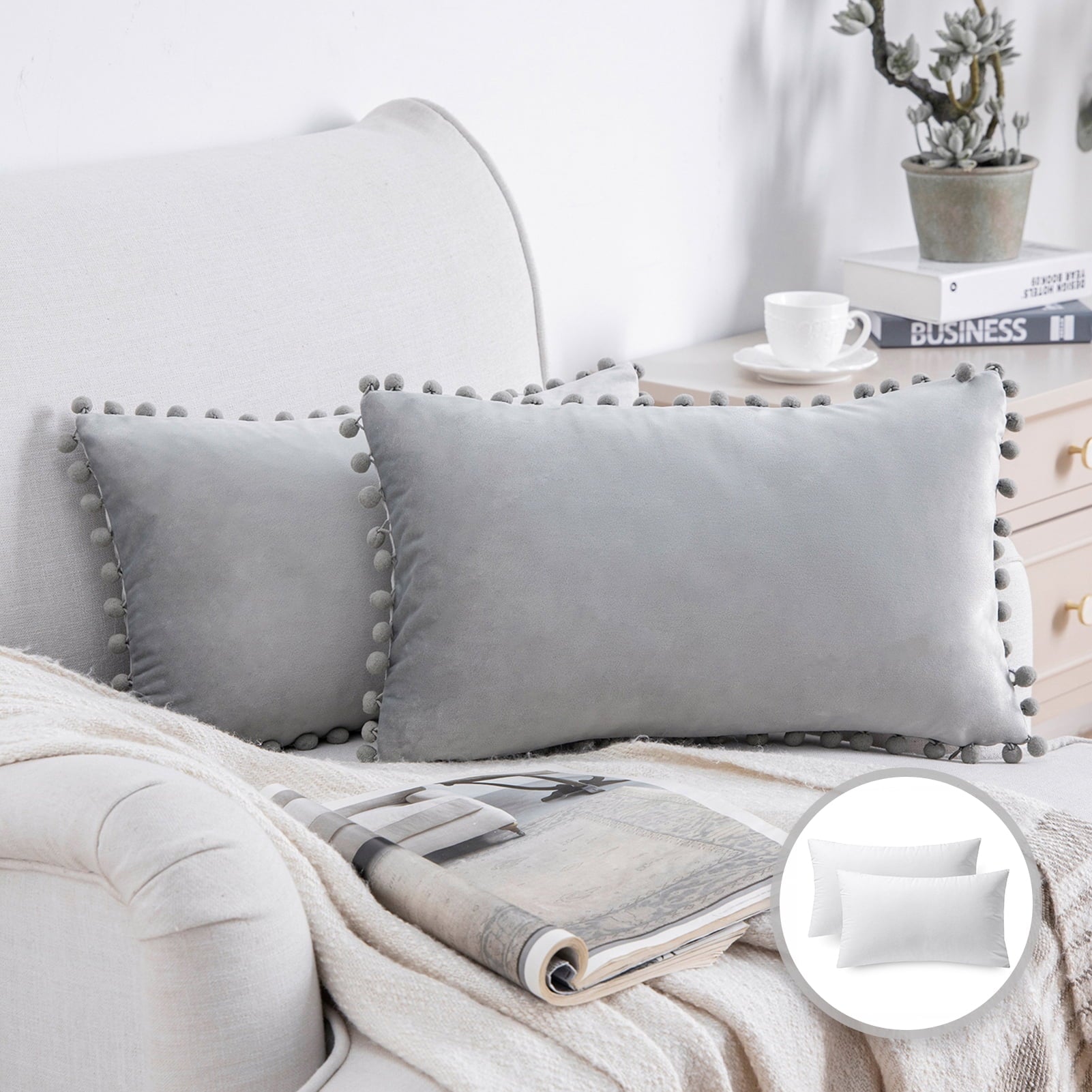 Throw Pillow with Insert，Silky Velvet Series Pom Pom Decorative Pillow, 12" X 20", Gray, 2 Pack