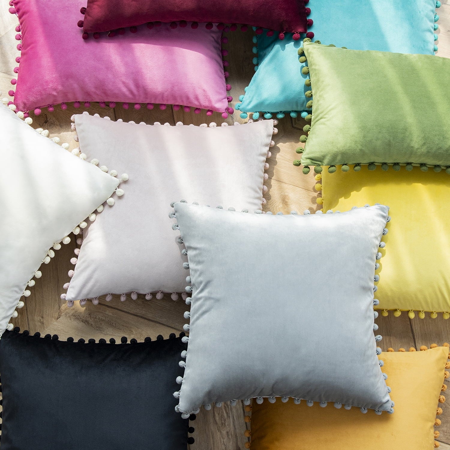 Throw Pillow with Insert，Silky Velvet Series Pom Pom Decorative Pillow, 12" X 20", Gray, 2 Pack
