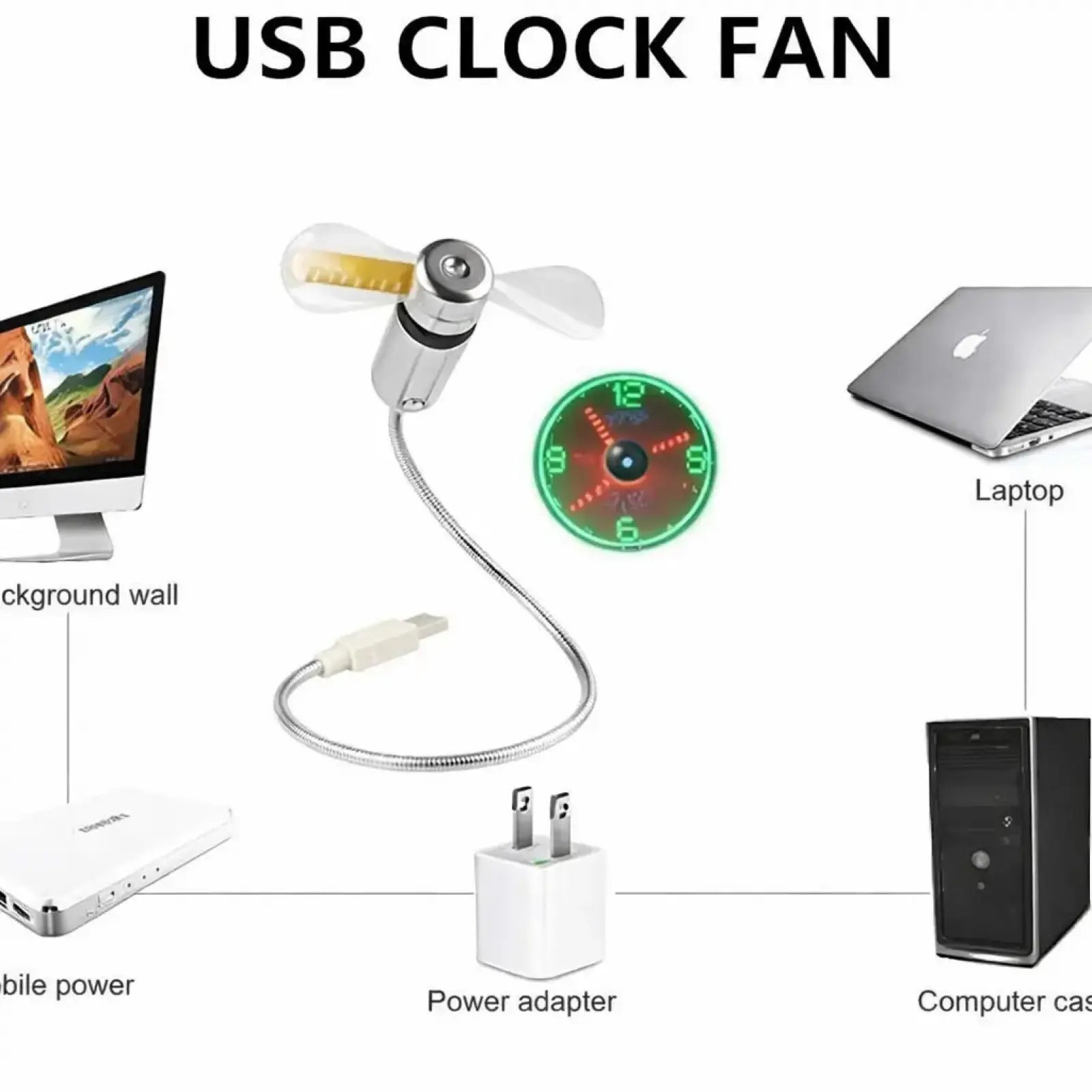 LED Decorative Time Display,New USB Clock Fan with Display Function, LED Desk Fan with Decorative Time Display, Mini Flexible Fan for Office Desk Accessories, Home Decor, Summer Fan, Gift