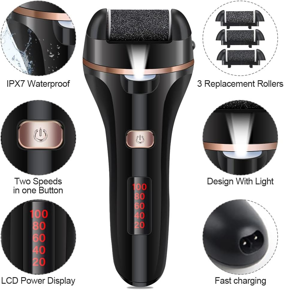 Rechargeable Electric Foot File and Callus Remover Kit with 3 Roller Heads and Dual Speed Settings for Effective Pedicure Care