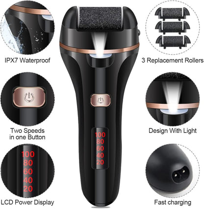 Rechargeable Electric Foot File and Callus Remover Kit with 3 Roller Heads and Dual Speed Settings for Effective Pedicure Care