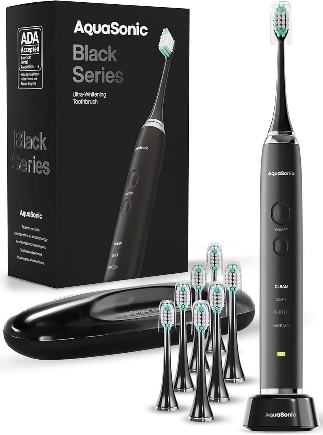 Black Series Ultra Whitening Electric Toothbrush - ADA Accepted with 8 Brush Heads and Travel Case - 40,000 VPM Motor, Wireless Charging, 4 Modes with Smart Timer