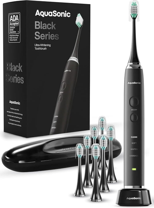 Black Series Ultra Whitening Electric Toothbrush - ADA Accepted with 8 Brush Heads and Travel Case - 40,000 VPM Motor, Wireless Charging, 4 Modes with Smart Timer