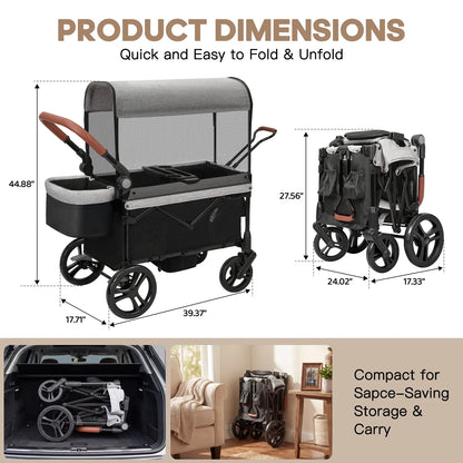Dripex Stroller Wagon for 2 Kids, All-Terrain Foldable Kids Wagon Stroller with Removable Canopy, Mosquito Net, Snack Tray, Cup Holders & Storage Basket