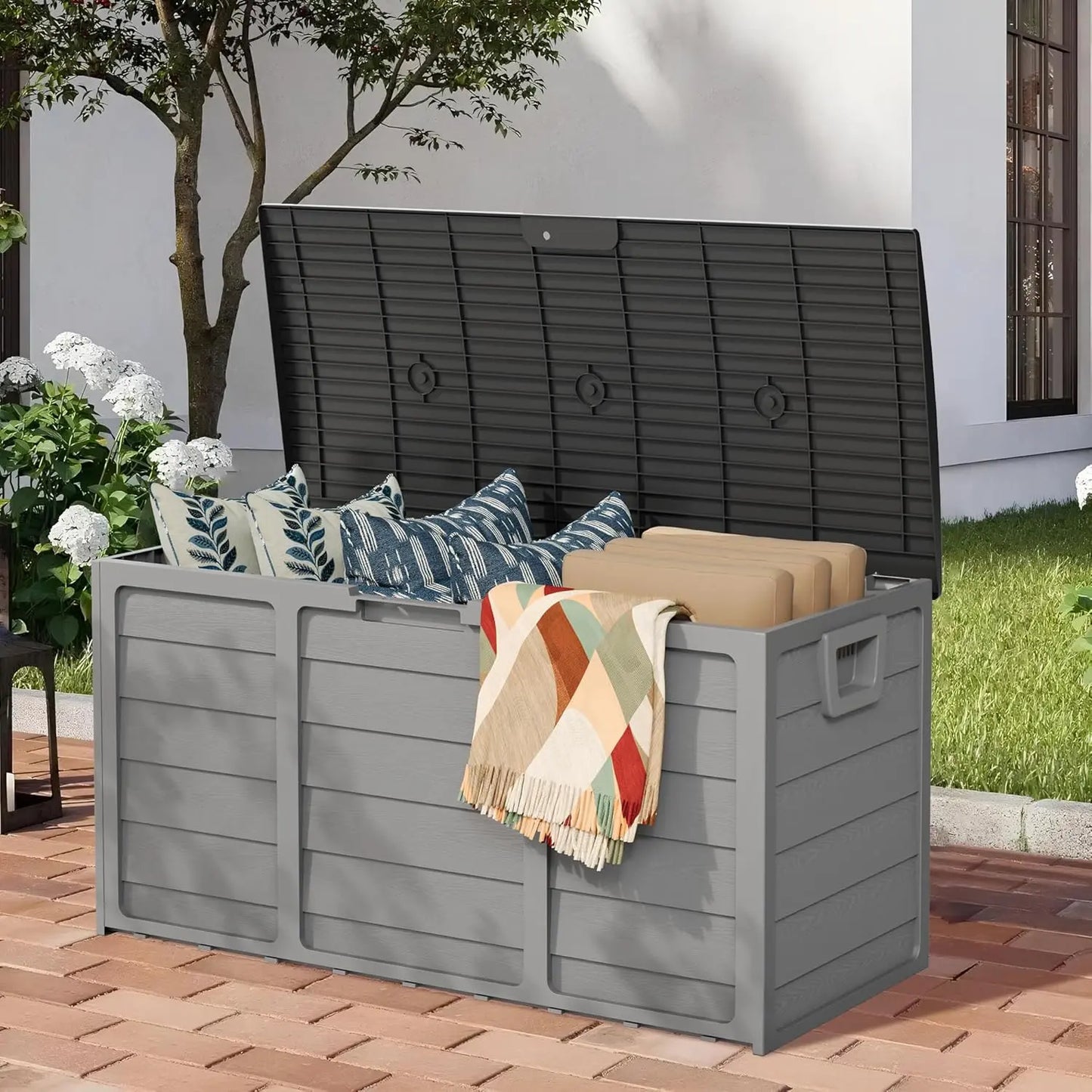 Intergreat 75 Gallon Outdoor Deck Storage Box - Heavy Duty Resin Container with Lockable Lid & Handles for Patio, Garden, Yard - Weatherproof (Black)